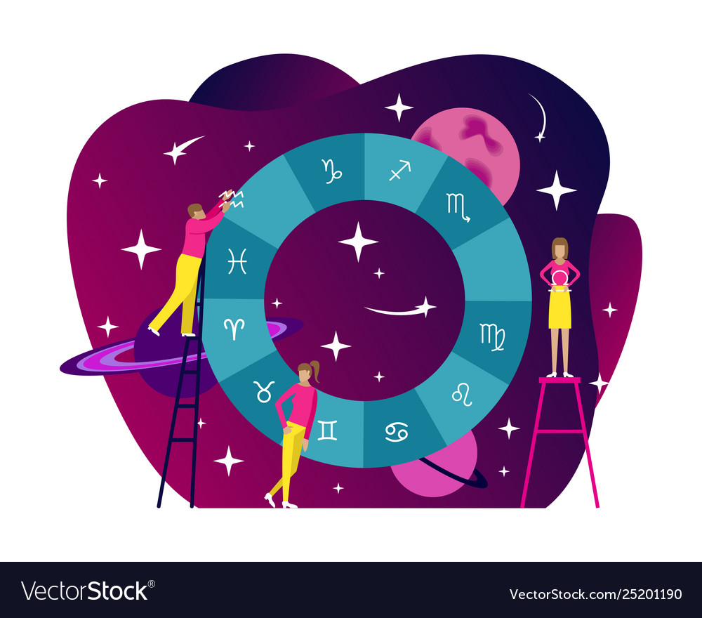 Small people flat astrology illustration. Natal chart with gradient background. Horoscope. Flat vector illustration